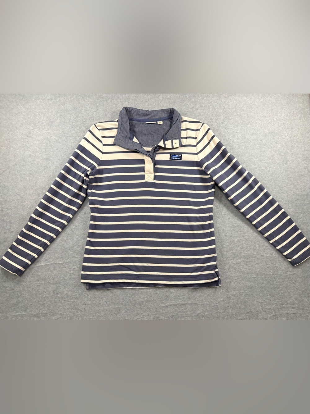 L.L. Bean Navy and Cream Striped Long-Sleeve Polo